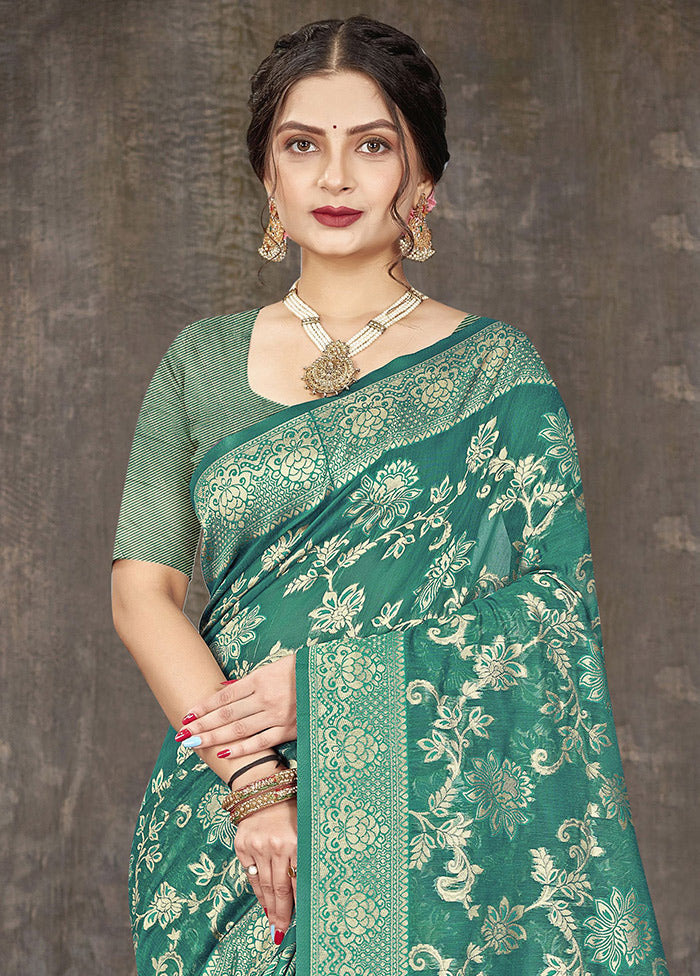 Turquoise Cotton Woven Saree With Blouse Piece