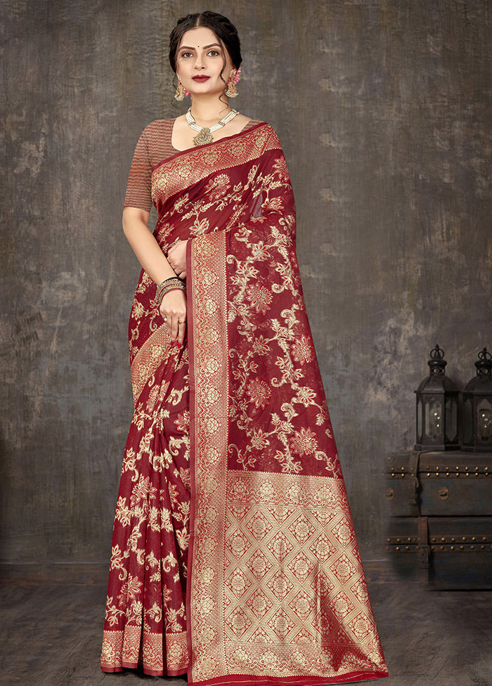 Red Cotton Woven Saree With Blouse Piece