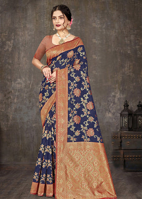 Navy Blue Cotton Woven Saree With Blouse Piece