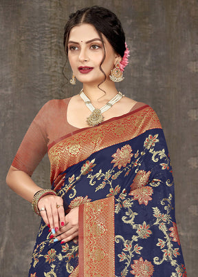 Navy Blue Cotton Woven Saree With Blouse Piece