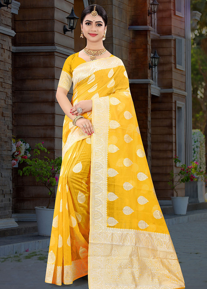 Yellow Cotton Swaroski Work Saree With Blouse Piece