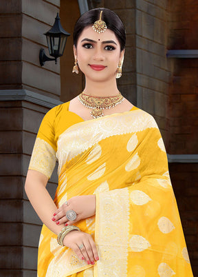 Yellow Cotton Swaroski Work Saree With Blouse Piece