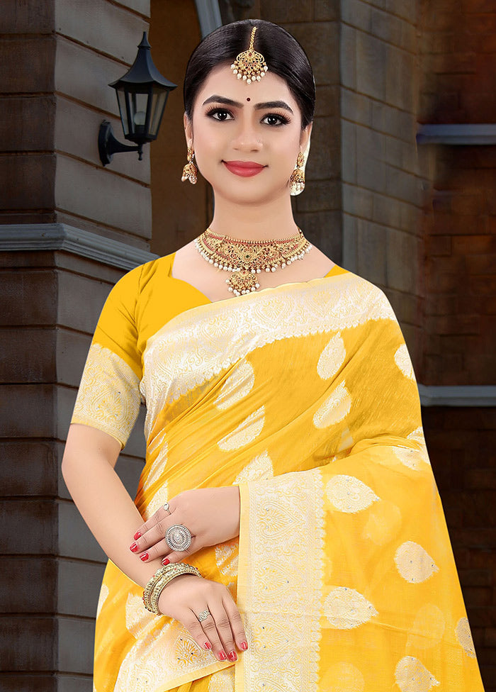 Yellow Cotton Swaroski Work Saree With Blouse Piece