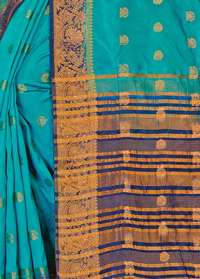 Turquoise Spun Silk Woven Saree With Blouse Piece