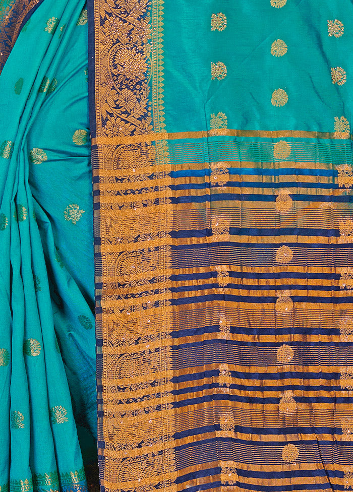 Turquoise Spun Silk Woven Saree With Blouse Piece