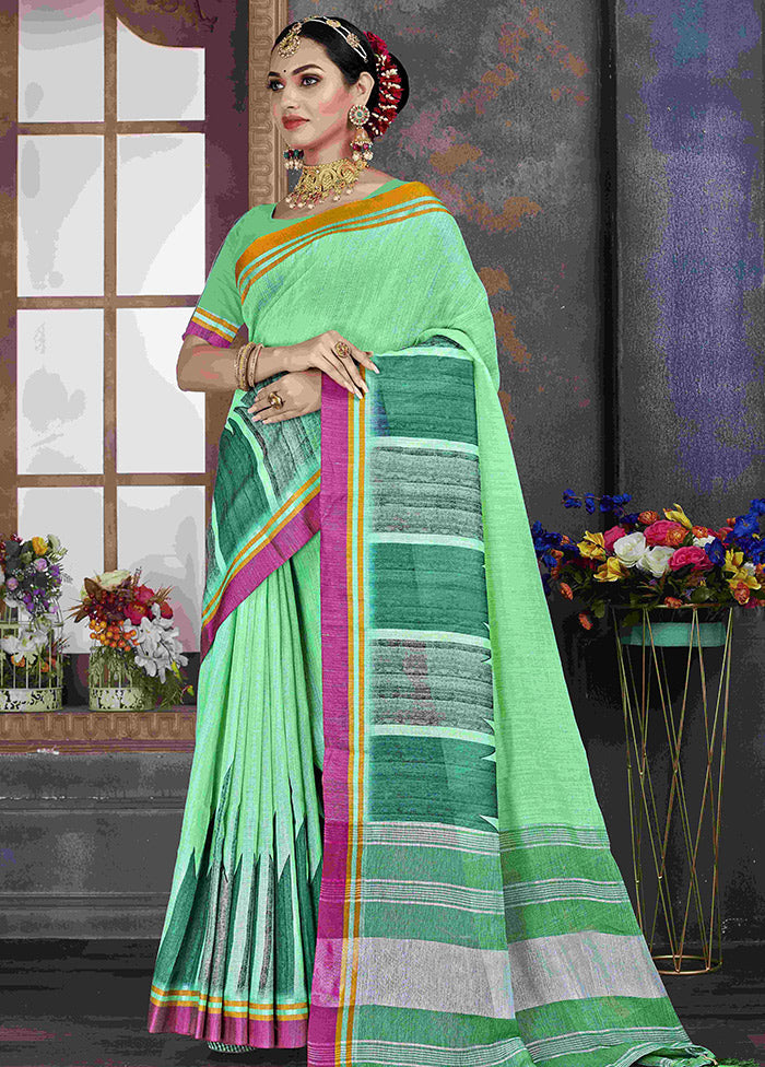 Turquoise Cotton Saree With Blouse Piece