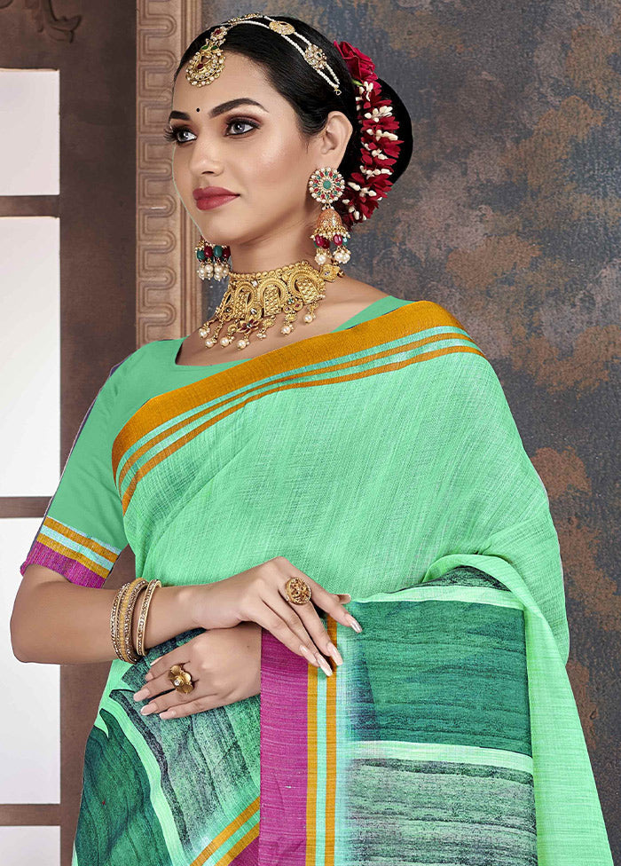 Turquoise Cotton Saree With Blouse Piece