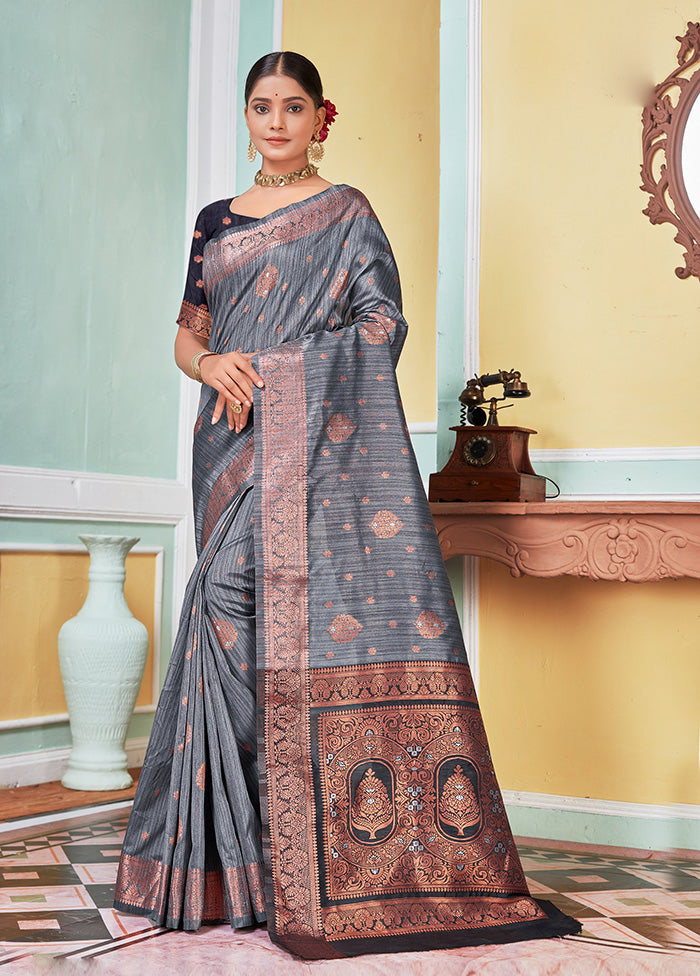 Grey Spun Silk Saree With Blouse Piece