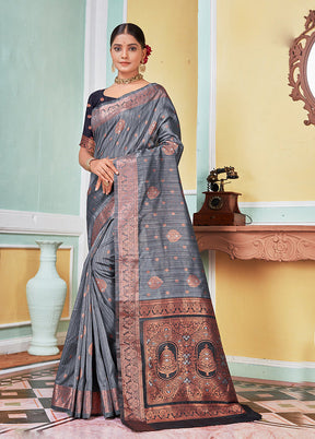 Grey Spun Silk Saree With Blouse Piece