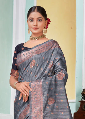 Grey Spun Silk Saree With Blouse Piece