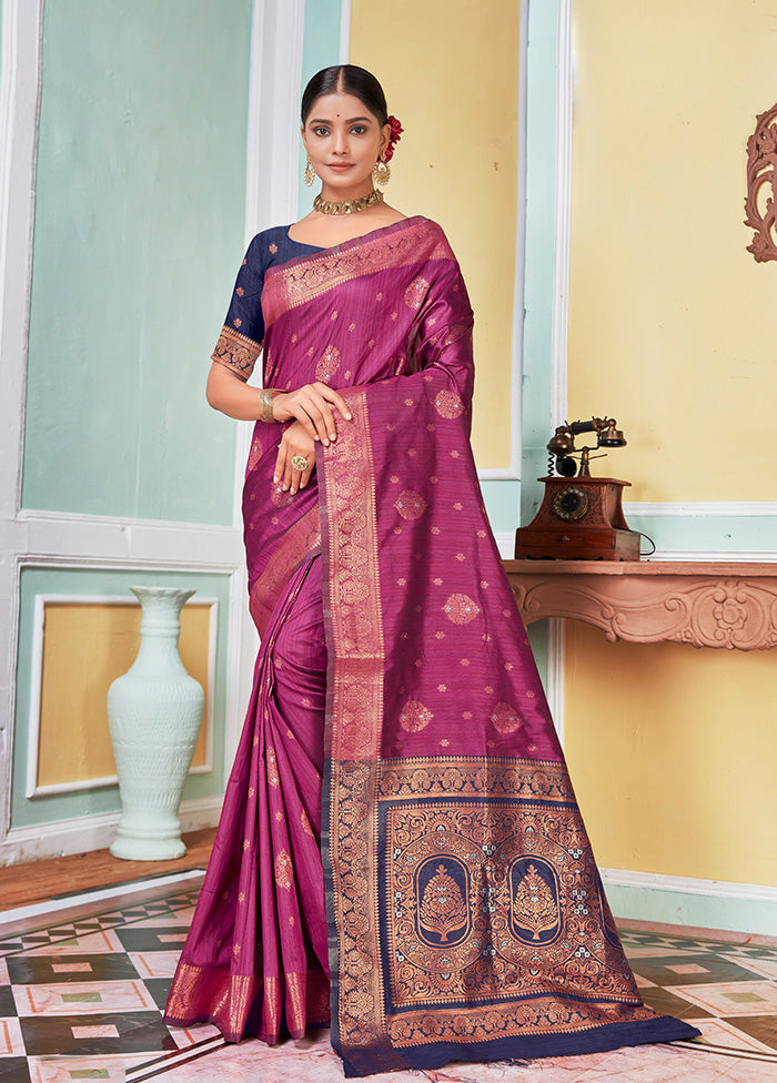 Magenta Spun Silk Saree With Blouse Piece