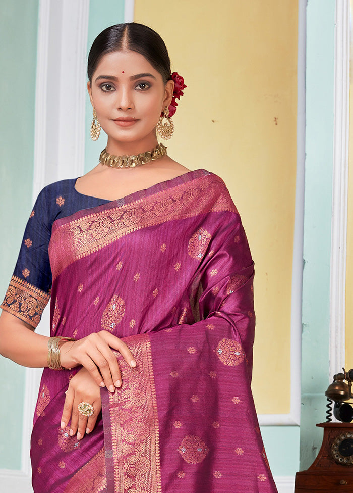 Magenta Spun Silk Saree With Blouse Piece