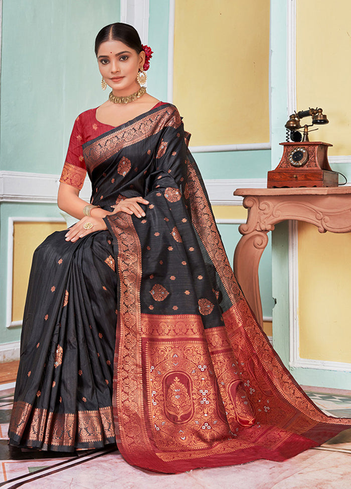 Black Spun Silk Saree With Blouse Piece