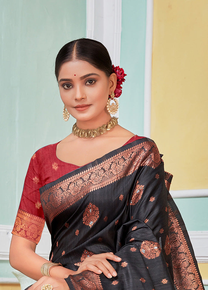 Black Spun Silk Saree With Blouse Piece