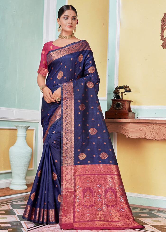 Navy Blue Spun Silk Saree With Blouse Piece