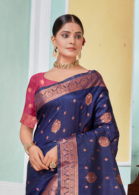 Navy Blue Spun Silk Saree With Blouse Piece