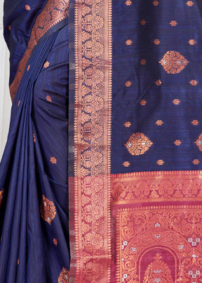 Navy Blue Spun Silk Saree With Blouse Piece