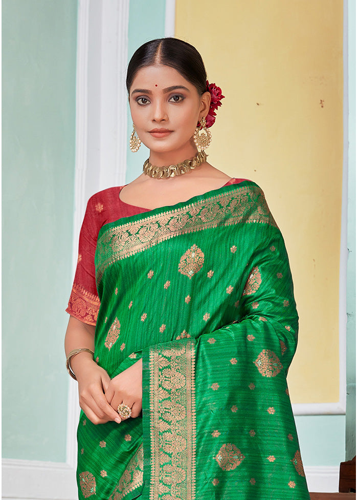 Green Spun Silk Saree With Blouse Piece