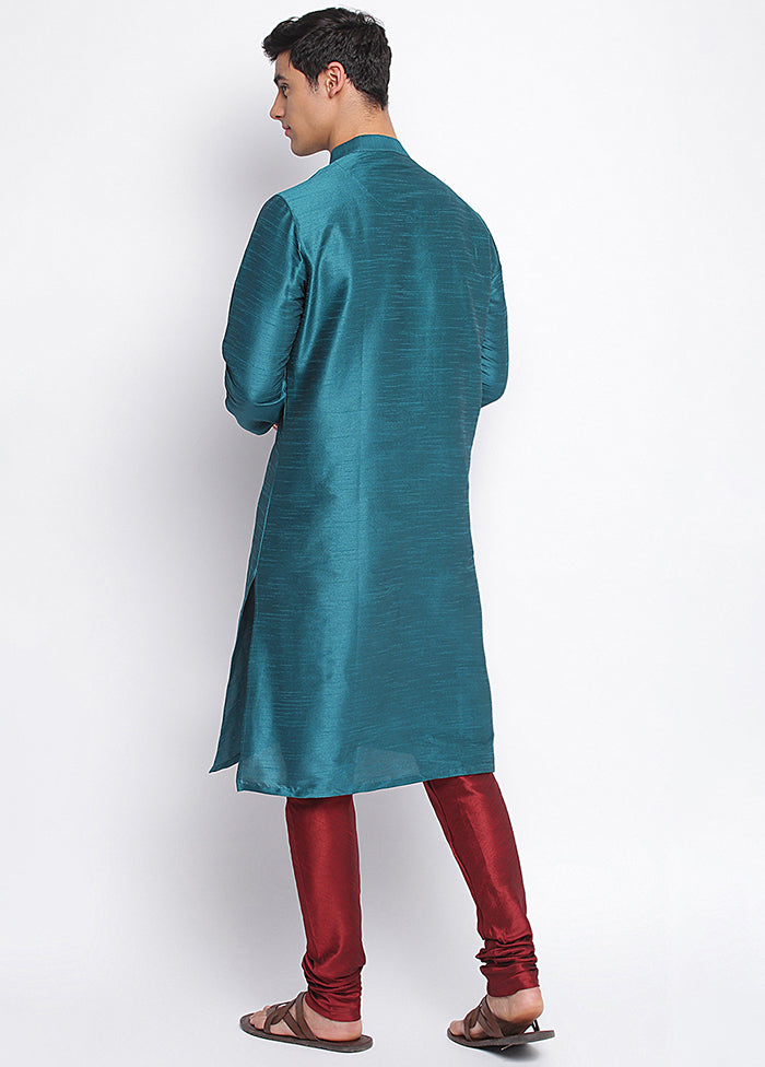 2 Pc Sea Sea Green Solid Silk Kurta Pajama Set