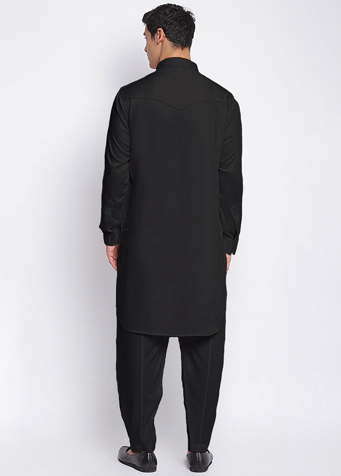 2 Pc Black Solid Cotton Kurta Pajama Set