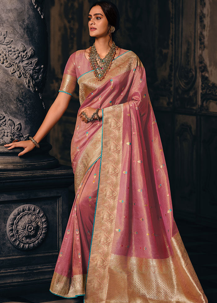 Peach Zari Woven Spun Silk Saree With Blouse Piece