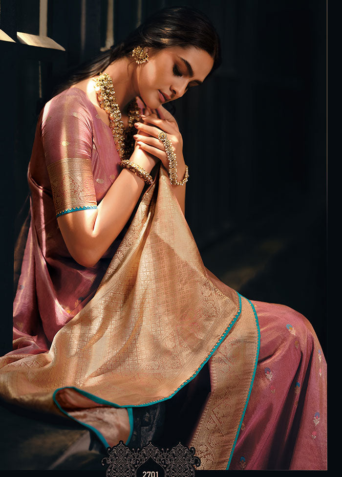 Peach Zari Woven Spun Silk Saree With Blouse Piece