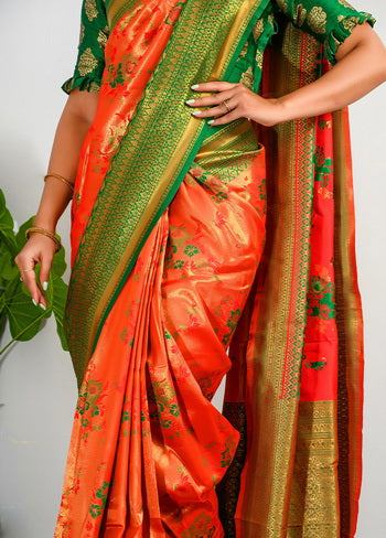 Orange Zari Woven Spun Silk Saree With Blouse