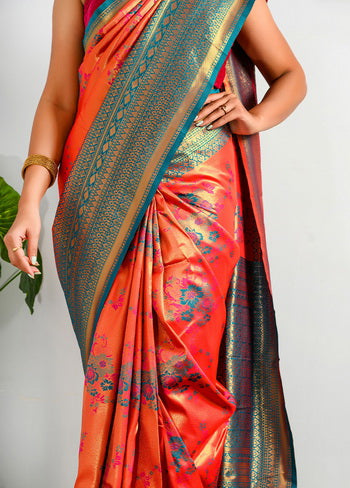Orange Zari Woven Spun Silk Saree With Blouse