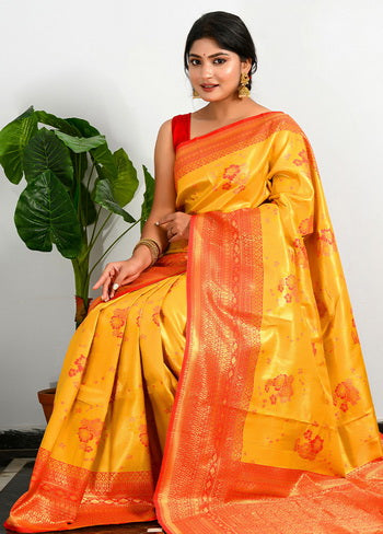 Yellow Zari Woven Spun Silk Saree With Blouse