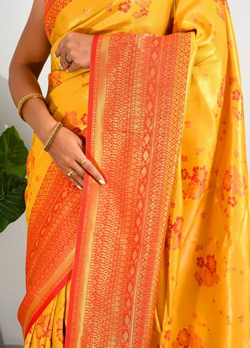 Yellow Zari Woven Spun Silk Saree With Blouse