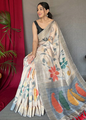 Grey Zari Woven Chanderi Silk Saree With Blouse