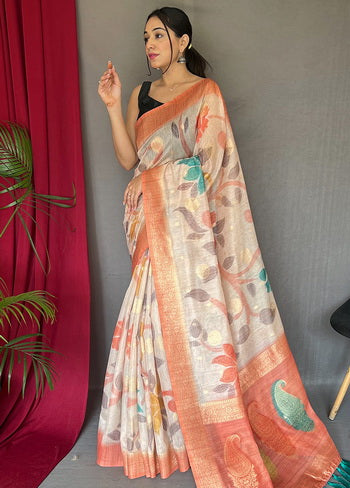 Peach Zari Woven Chanderi Silk Saree With Blouse