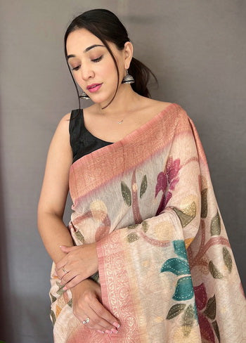 Pink Zari Woven Chanderi Silk Saree With Blouse