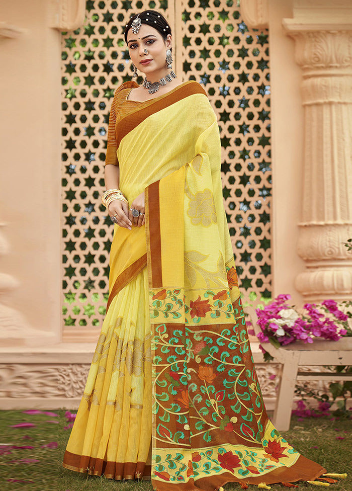 Yellow Cotton Saree With Blouse Piece