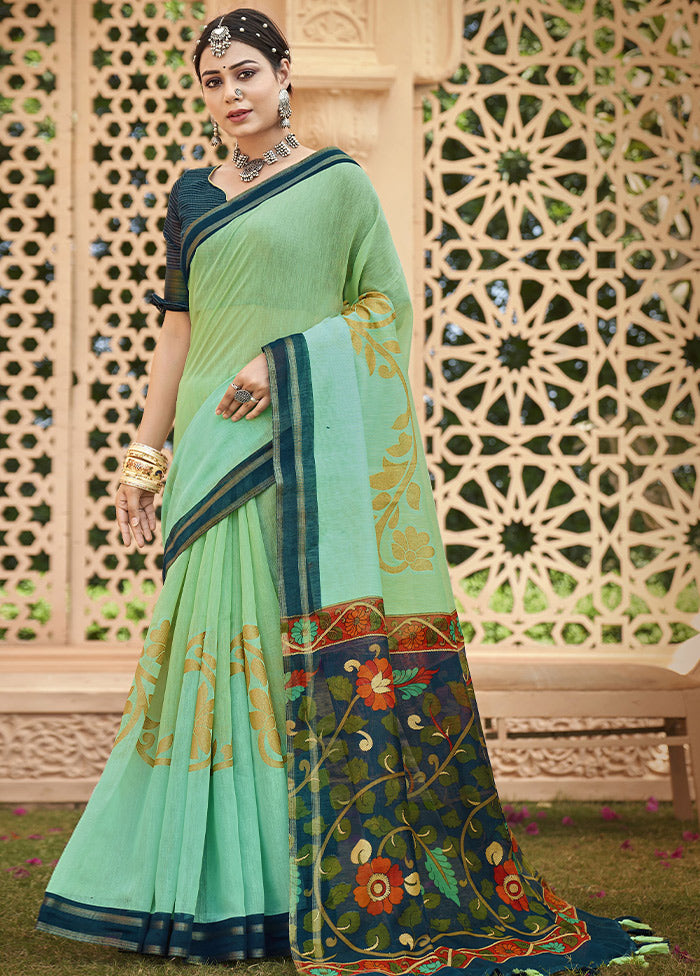 Green Cotton Saree With Blouse Piece