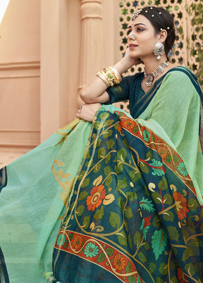 Green Cotton Saree With Blouse Piece