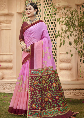 Pink Cotton Saree With Blouse Piece