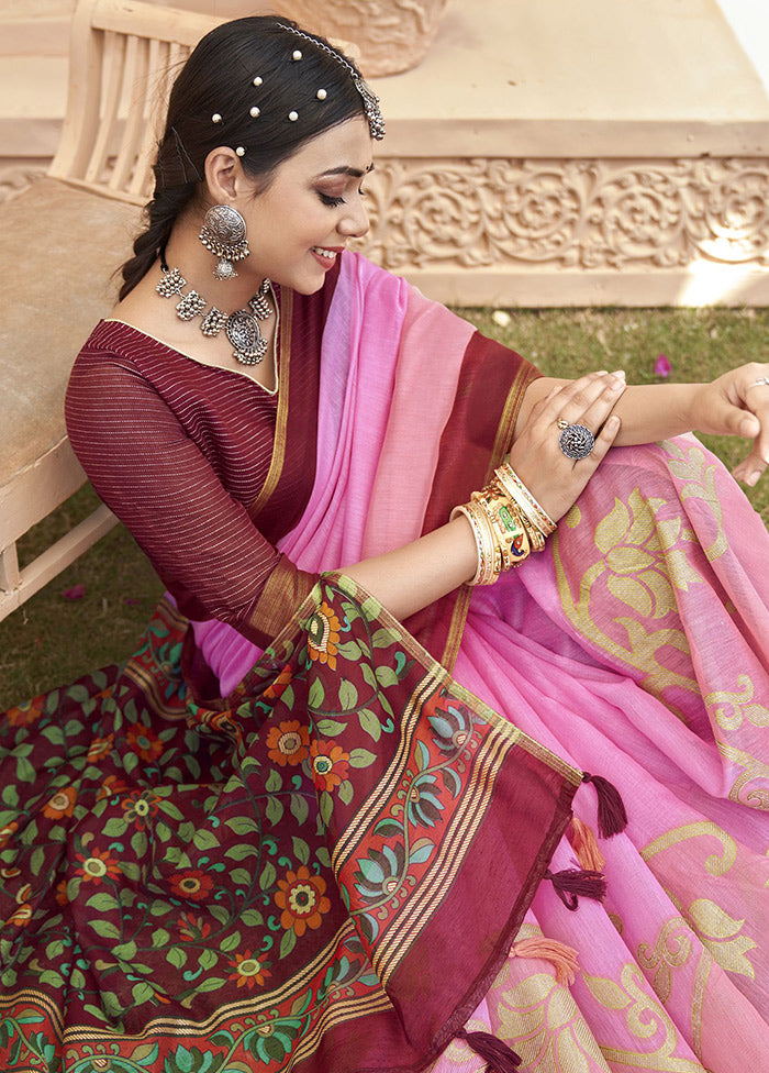 Pink Cotton Saree With Blouse Piece