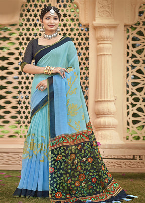 Sky Blue Cotton Saree With Blouse Piece