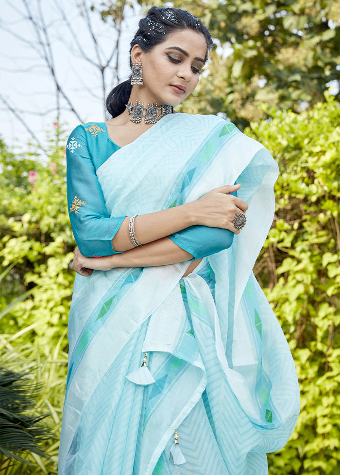 Blue Organza Saree With Blouse Piece