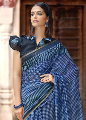 Blue Linen Silk Saree With Blouse Piece