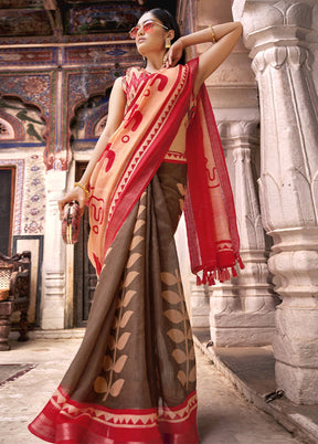 Brown Linen Silk Saree With Blouse Piece