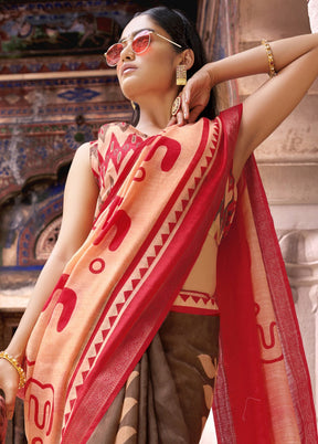 Brown Linen Silk Saree With Blouse Piece