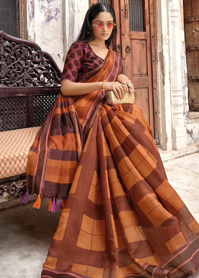 Mustard Linen Silk Saree With Blouse Piece