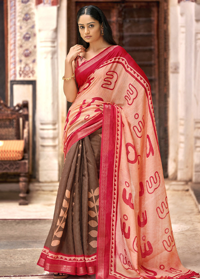 Peach Cotton Saree With Blouse Piece