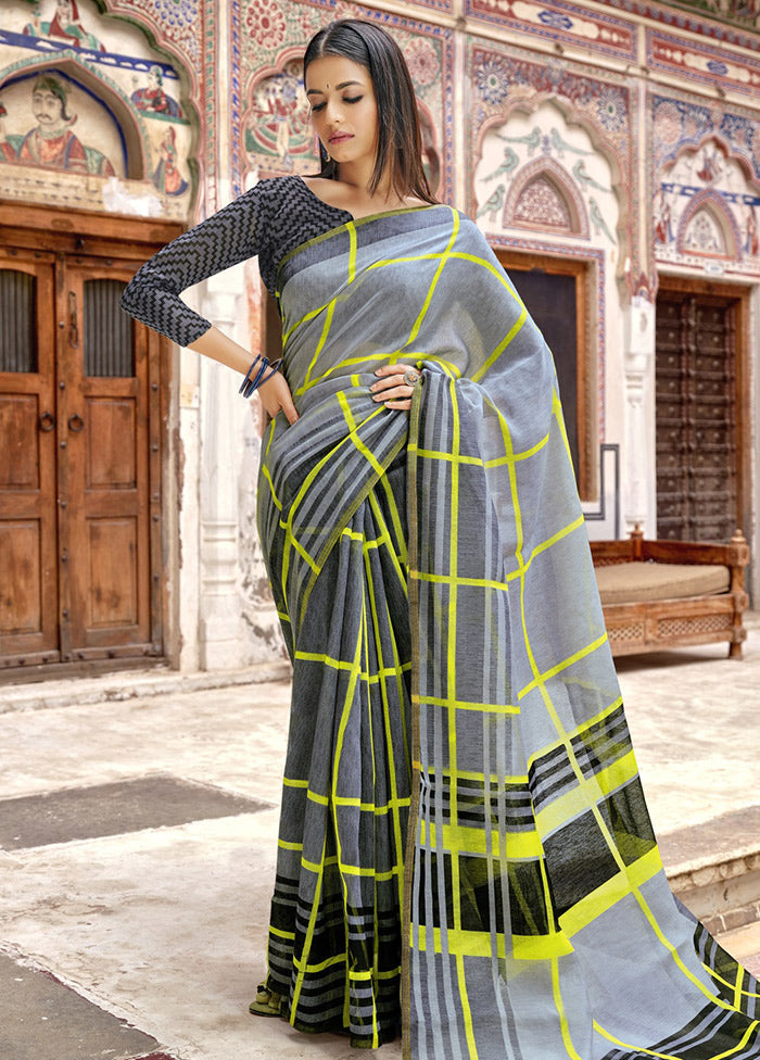 Grey Cotton Saree With Blouse Piece