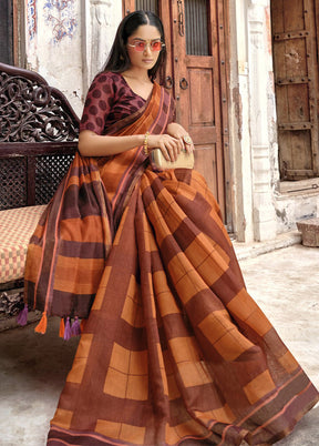 Brown Cotton Saree With Blouse Piece