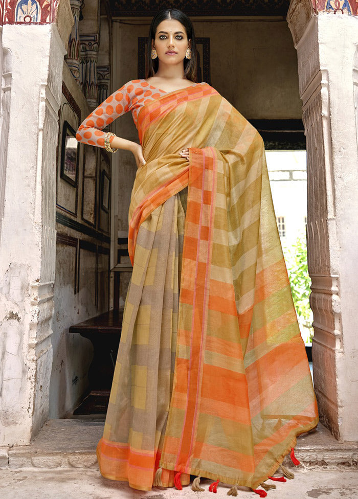 Orange Cotton Saree With Blouse Piece