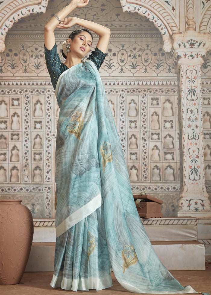 Blue Organza Saree With Blouse Piece