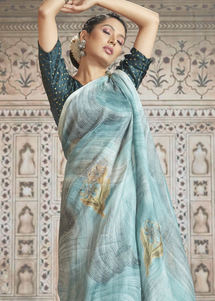 Blue Organza Saree With Blouse Piece